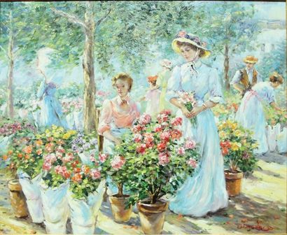 WILMA LUCAS (1936) Le marché aux fleurs Huile sur toile signée en bas à droite 50...