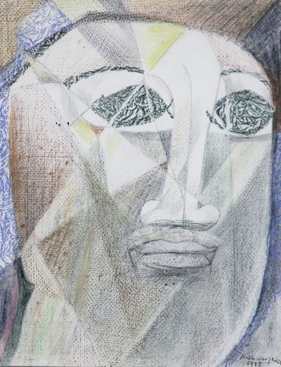 Henry de WAROQUIER (1881-1970) Visage cubiste Mine de plomb et pastel Signé en bas...