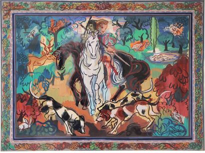 RENE-MARCEL GRUSLIN (1910-1983) Les chevaliers Gouache sur papier, projet de tapisserie...