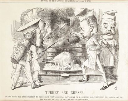 null Deux dessins - caricatures

a - Sir John TENNIEL (1820-1914)
«Turkey and Grease»
Caricature,...