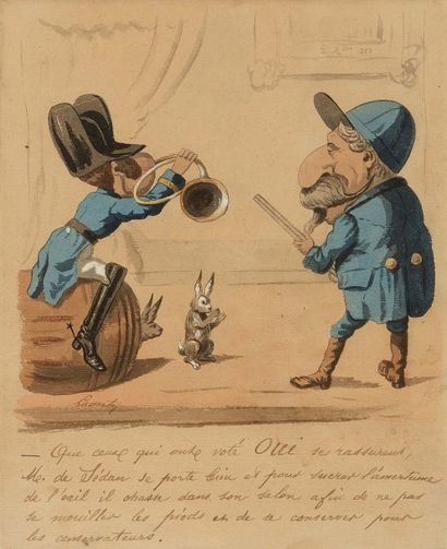 Edmond LAVRATE (1829-1888) «L'Empereur Napoléon III à la chasse en 1870».
Caricature...