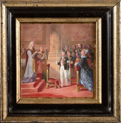 Eugène LAMI, attribué à Ecole française «La première communion du Prince Impérial».
Gouache...