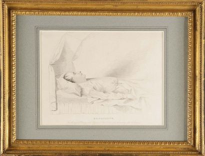 null Deux lithographies:

a) «Bonaparte sur son lit de mort».
Gravure anglaise.
Encadrée...