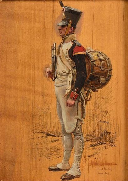 Edouard DETAILLE (1848-1912). «Tambour du Premier Empire».
Huile sur panneau signée...