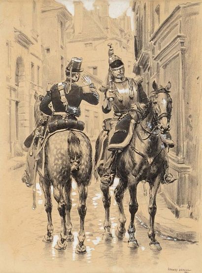 Edouard DETAILLE (1848-1912). «Cuirassier du 3e régiment salué par un garde nationale.»
Dessin...