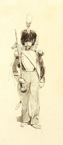 Edouard DETAILLE (1848-1912). Deux dessins.

a) «Le tambour major du Second Empire».
Dessin...