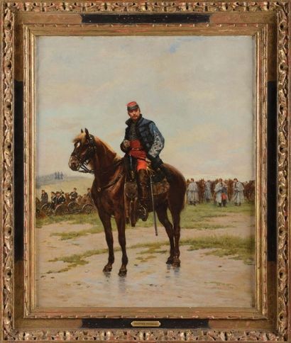 Edouard DETAILLE (1848-1912). «Capitaine de hussard en campagne. Epoque Second Empire.».
Huile...