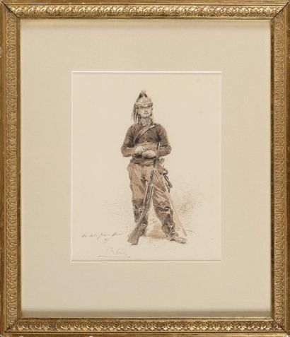 Alphonse DE NEUVILLE (1835-1885). «Le dragon du 5e régiment au repos».
Dessin à l'encre...