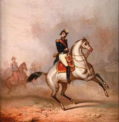 École Française du XIXe siècle «L'Empereur Napoléon III à cheval et son étatmajor».
Huile...