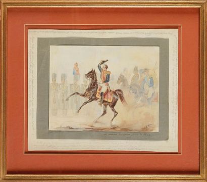Otto VON FABER DU FAUR (1828-1901) «L'Empereur Napoléon III à cheval saluant».
Aquarelle...