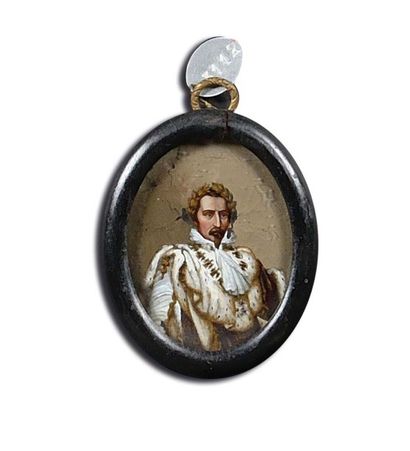 null «L'Empereur Napoléon III», en buste de face.
Deux miniatures fixées sous verre,...