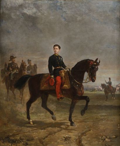 Olivier PICHAT (1823-1912) Ecole française «Le Prince Impérial à cheval suivi de...