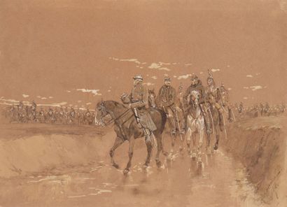 Edouard DETAILLE (1848-1912). Ecole française «Départ en campagne, colonel d'un régiment...