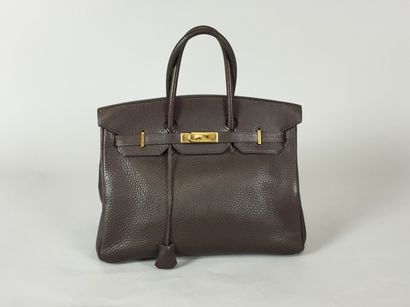 HERMES Paris SAC « Birkin » 35 cm en cuir Fjord couleur "terre". Garniture en métal...