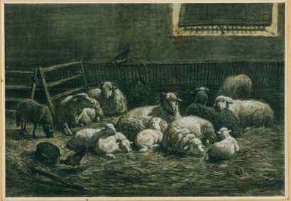 Jules GELIBERT (Bagnères-de-Bigorre 1834 - ? 1916) Moutons dans la bergerie Fusain...