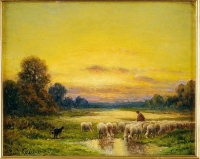 Paul CHAIGNEAU (? 1879 - ? 1938) Berger et son troupeau au soleil couchant Panneau...