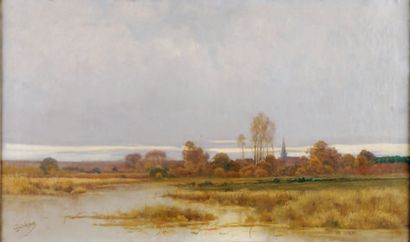 Alfred GODCHAUX (? 1835 - ? 1895) Le marais Sur sa toile d'origine 55,5 x 92,5 cm...