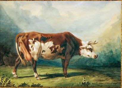 Rosalie BONHEUR Vache dans un paysage montagneux Aquarelle, gouache et mine de plomb...