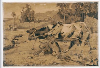N. BLANCHETEAU (Actif à la fin du XIXe siècle) Jeune fille et sa vache Crayon et...