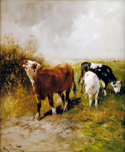 Henry SCHOUTEN (? 1864 - ? 1927) Vaches au pâturage Sur sa toile d'origine 64 x 54...