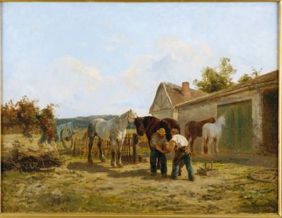Clément QUINTON (Paris 1851 - 1920) Le maréchal-ferrant Sur sa toile d'origine 48,5...