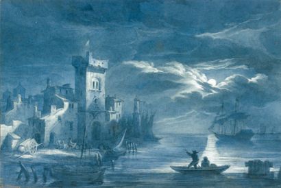 A. THIERRY (Actif au XIXe siècle) Port au clair de lune Lavis 22 x 33 cm Signé en...