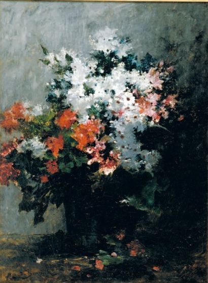 Georges JEANNIN (Paris 1841 - 1925) Bouquet de fleurs blanches et de roses Sur sa...