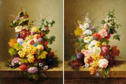 Jean Alexandre Rémy COUDER (Paris 1808 - ? 1879) Compositions florales Paire de panneaux...