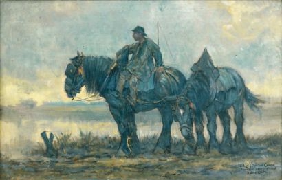 André COLIN (Actif au XIXe siècle) Le repos des chevaux de trait Panneau 19 x 30,5...