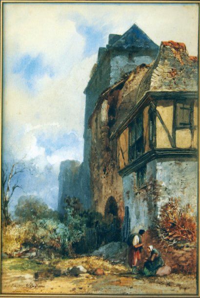 Gustave SIMONAU (Bruges 1810 - Bruxelles 1870) Vue d'un hameau Aquarelle Signée et...