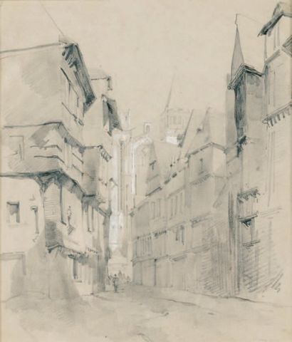 École Française du XIXe siècle Vue d'une ville de Normandie Crayon noir 25,5 x 21,5...