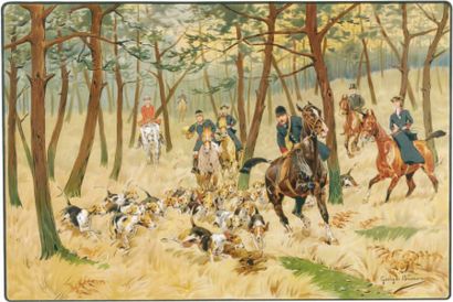 Georges BUSSON (1859 - 1933) La chasse à courre Lithographie 52 x 72 cm Signée G....