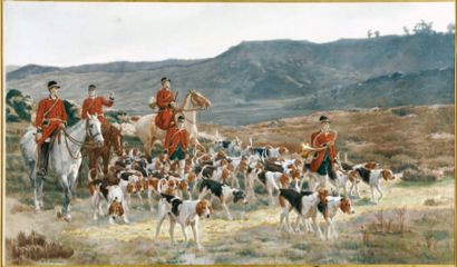 Paul TAVERNIER (1852 - ?) La chasse à courre Lithographie aquarellée 42,5 x 73 cm...