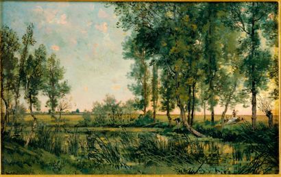 Alexandre René VERON (Montbazon 1826 - 1897) Le marais à Gennevilliers Panneau 23,5...