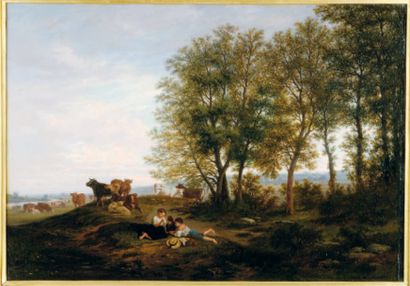 Armand COTELLE HEBERT (? 1827 - ?) Jeunes paysans au repos Sur sa toile d'origine...