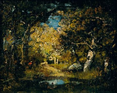 Camille MAGNUS (Paris 1850 - ?) La mare en forêt de Fontainebleau Toile 20 x 26 cm...