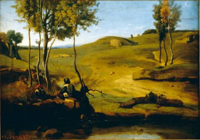 Henri SENARD (1823 - Lyon 1881) Paysage aux bergers et troupeau près de la rivière...