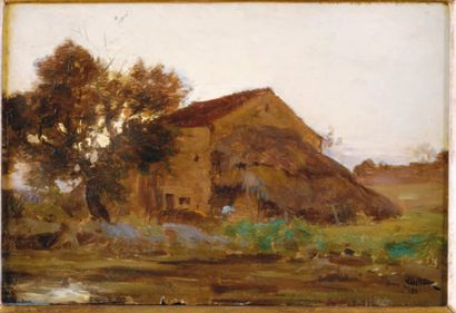 Henri SAINTIN (Paris 1846 - 1899) La vieille ferme Panneau 15,5 x 24 cm Signé et...