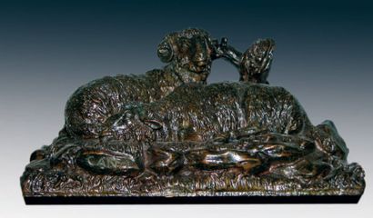Louis Emile CANA (1845 - 1903) Bélier et brebis couchés Bronze à patine brun-noir...