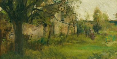 Auguste BOULARD fils (Paris 1852 - 1927) Paysanne devant un hameau Carton 19 x 38,5...