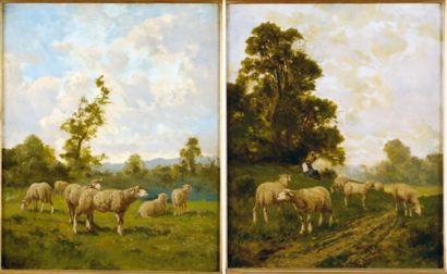 Charles Emile JACQUE (Paris 1813 - 1894) Berger et ses moutons Moutons Paire de toiles,...