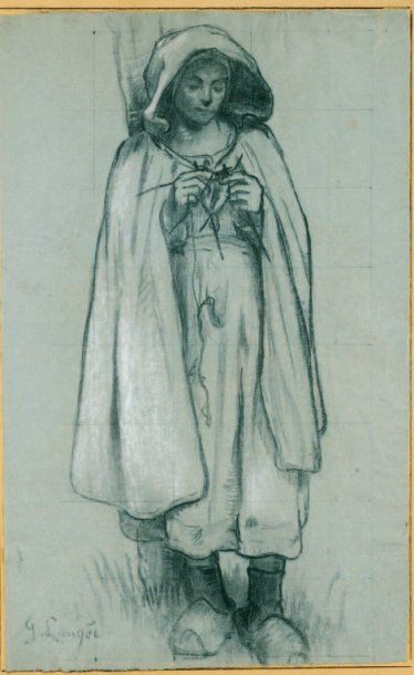 Georges Paul LAUGEE (Montivilliers 1853 - Paris 1937) Bergère tricotant Crayon noir...