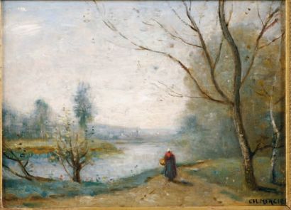 Jean Charles MERCIER (Paris ? - 1909) Promeneuse au bord de la rivière Sur sa toile...