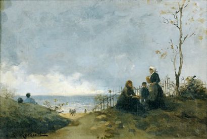 Gustave MAINCENT (Paris 1850 - 1887) Bord de mer animé Sur sa toile d'origine 27...