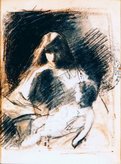 Jean-Jacques HENNER (1829 - 1905) L'Amour maternel Mine de plomb et lavis sépia 34...