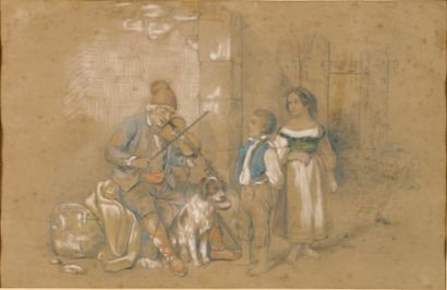 Charles DURAND (Actif au XIXe siècle) Le mendiant musicien Crayon noir et gouache...