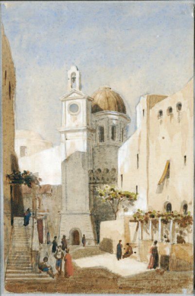 École ITALIENNE vers 1830 Place en Sicile Plume et aquarelle 24,5 x 16 cm
