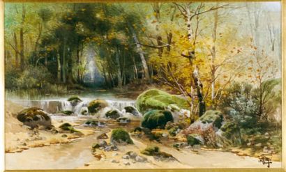 Hippolyte Jean Adam GIDE (? 1852 - ? 1921) La petite cascade Plume et aquarelle 30...