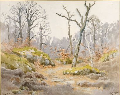 Joseph Clément JEANNOT (Ornans 1855 - ?) La forêt de Fontainebleau Aquarelle 47,5...