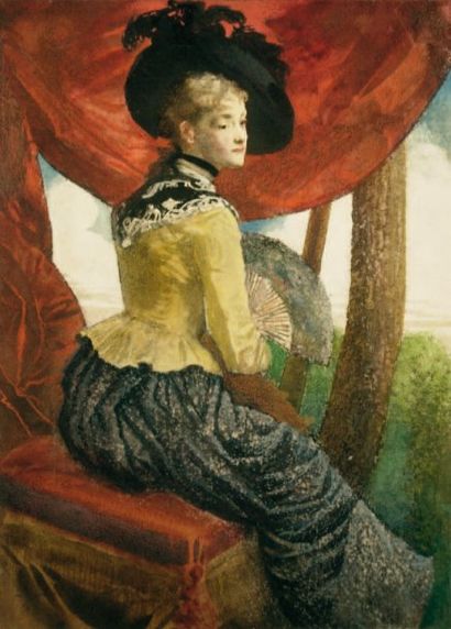 Gustave JACQUET (Paris 1846 - 1909) Elégante à l'éventail Aquarelle et pastel 26...